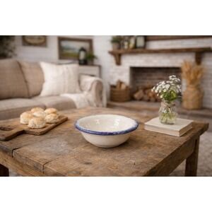 Vintage Hand-Turned Spongeware Bowl Blue Rim 4.5 Inch Rustic Pottery